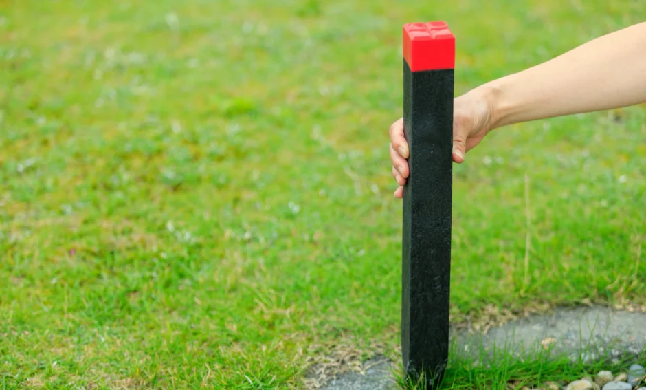 Iemand die een paaltje in het gras plaatst