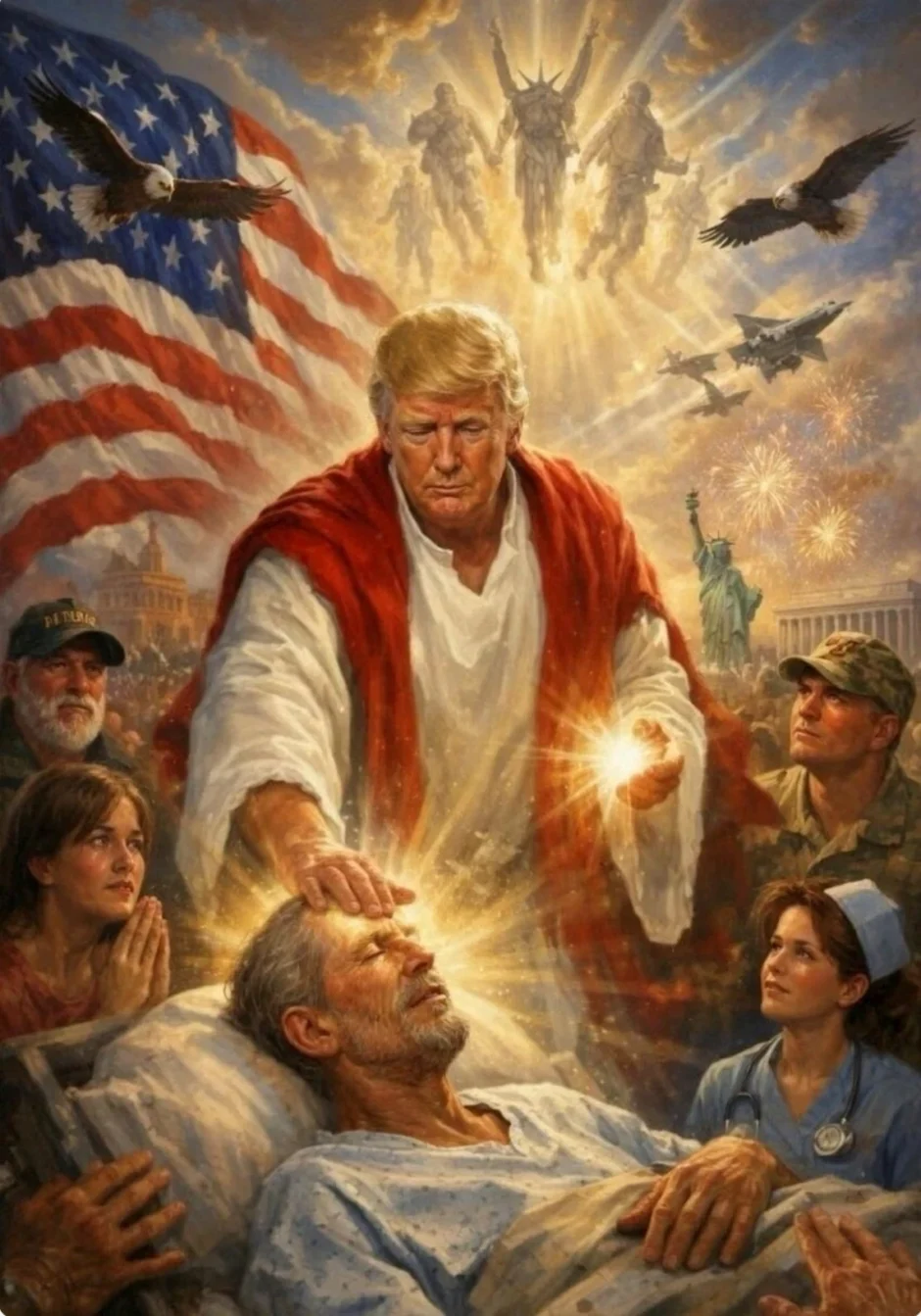 Donald Trump poseert als Jezus die een man geneest